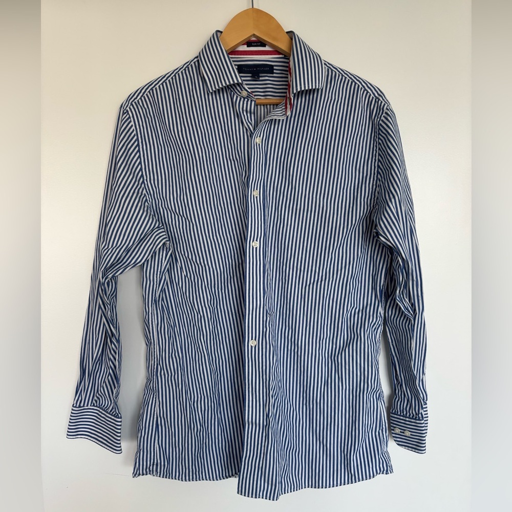 Tommy Hilfiger 21” PTP Men's Striped Collared Shirt, Blue & White, Size 16 Neck.